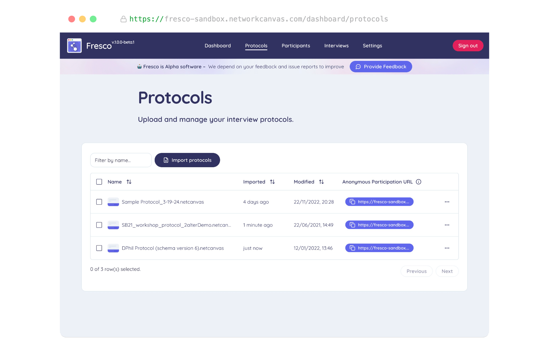 The protocols page in the dashboard.