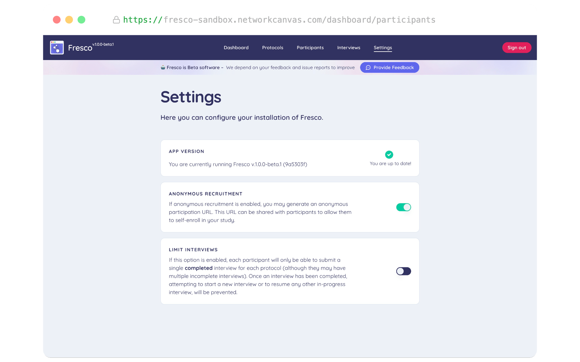 The settings page in the dashboard.